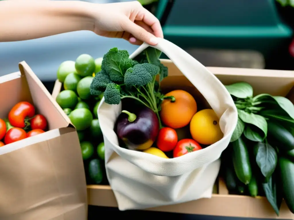 Mano sosteniendo bolsa reutilizable llena de vegetales en el mercado