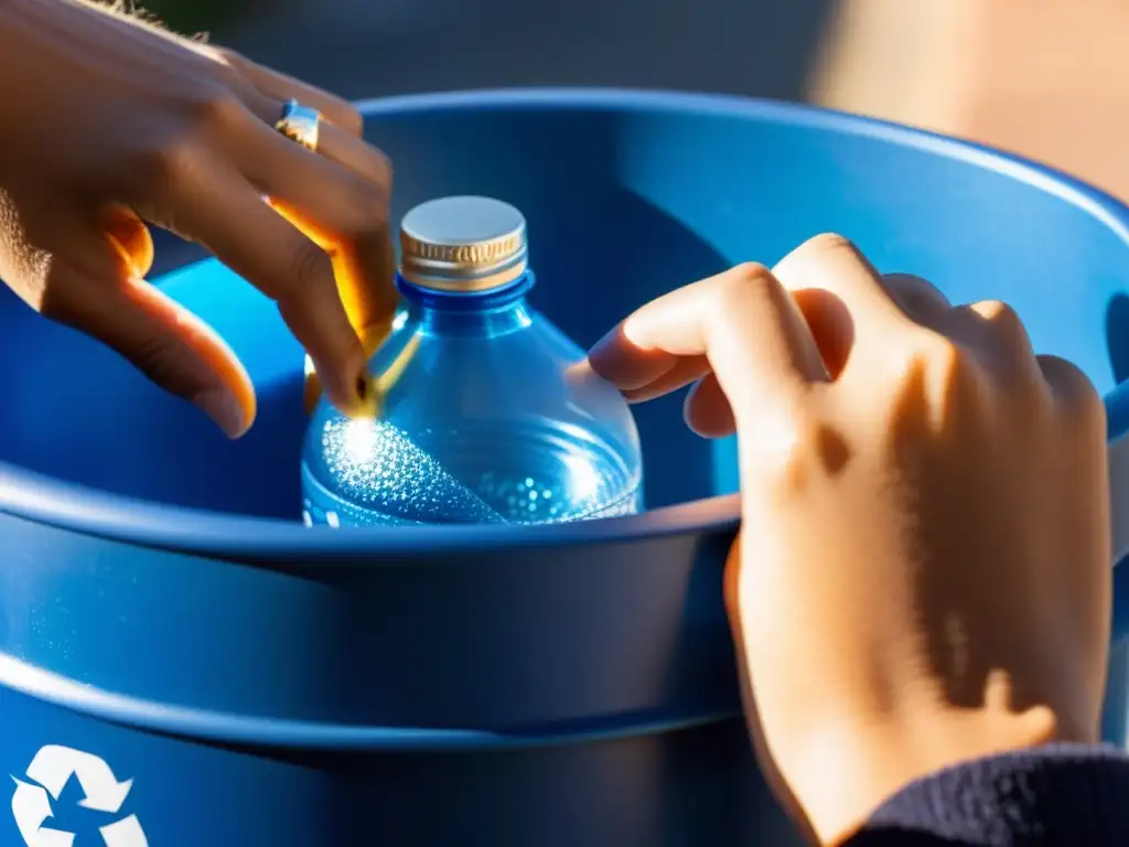 Mano depositando botella en contenedor azul, prácticas sostenibles separación residuos oficina