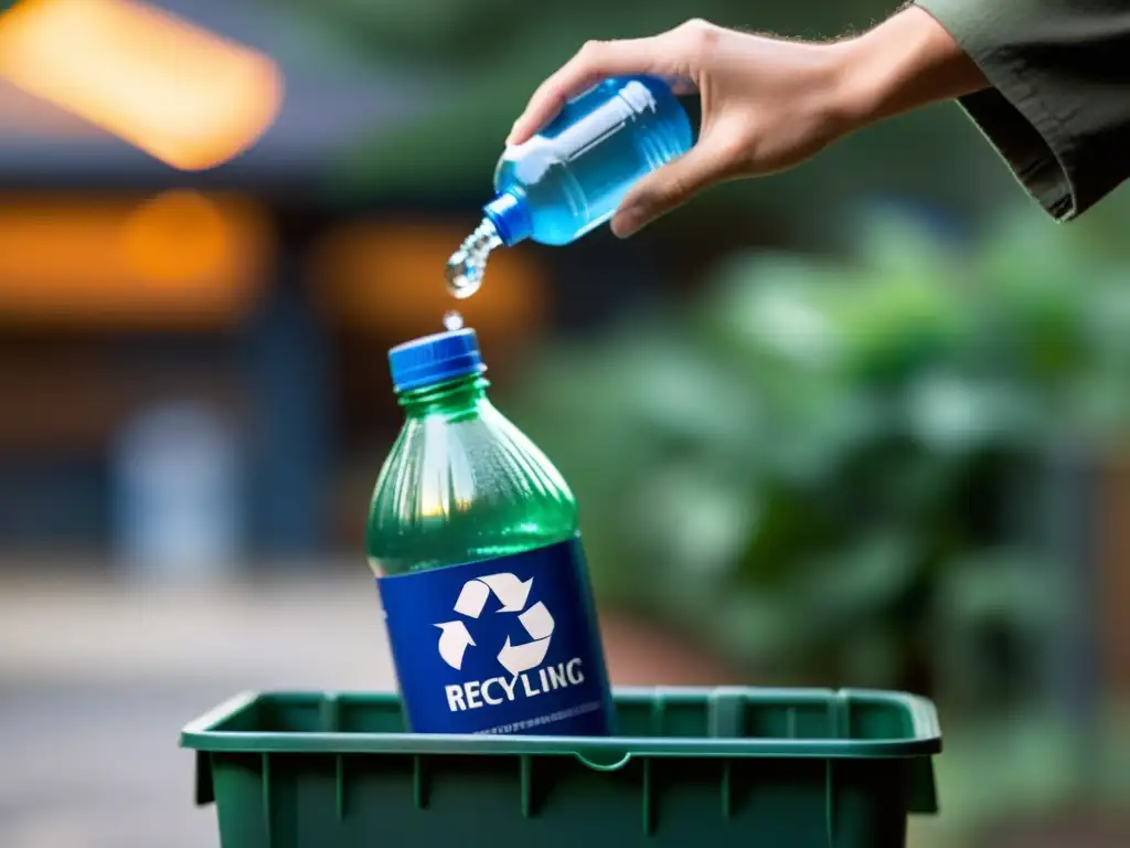 Mano depositando botella en contenedor de reciclaje, transmitiendo conciencia ambiental y el impacto de la ley de retorno de envases