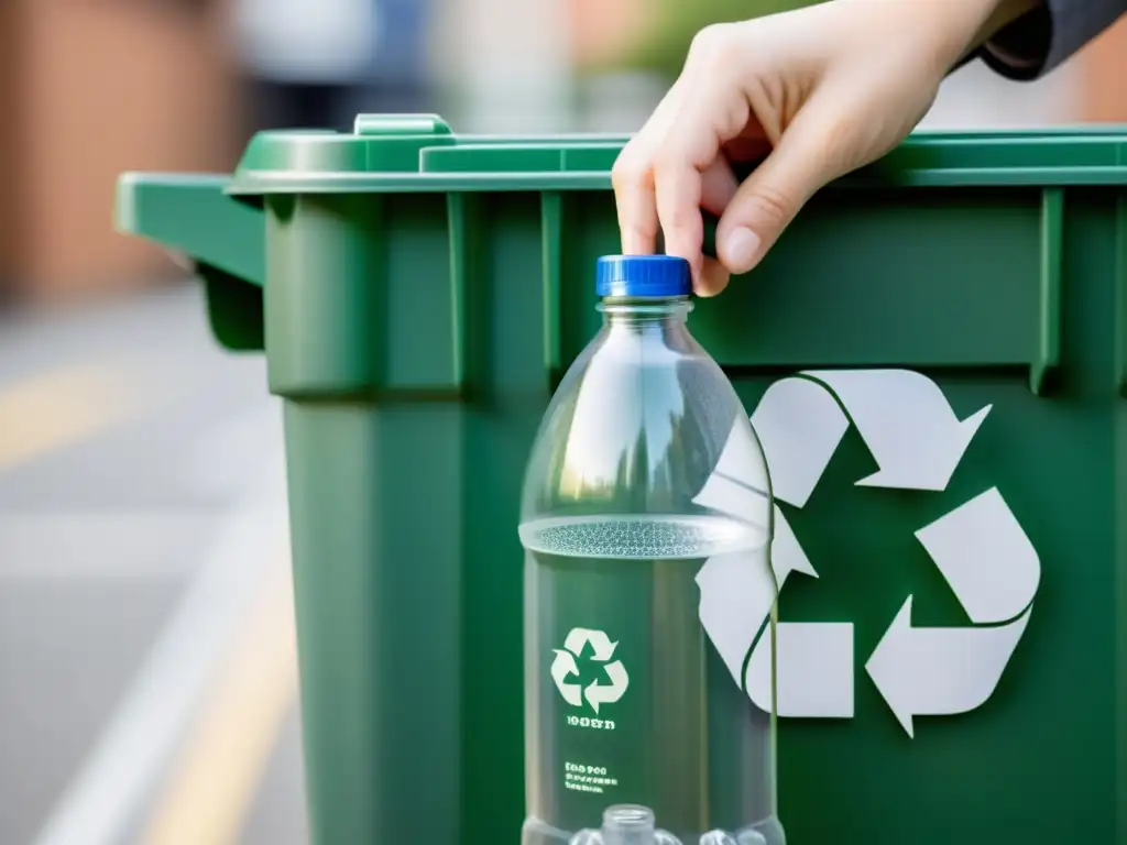 Mano depositando botella en contenedor de reciclaje, impacto positivo reciclaje economía local