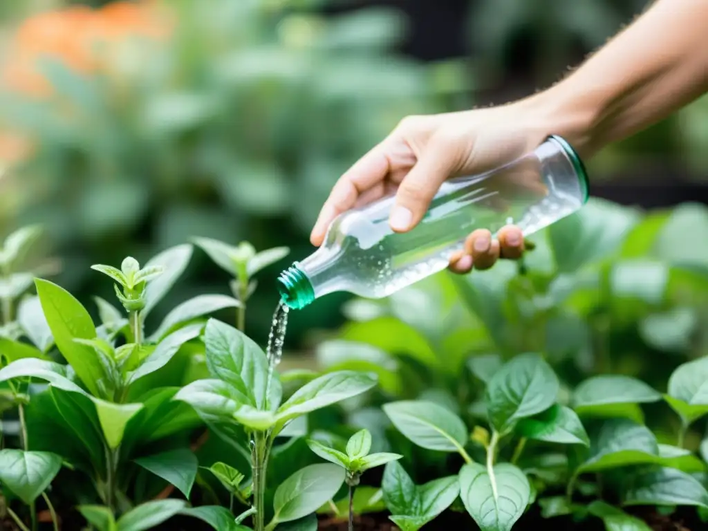 Mano sostiene botella plástica transparente reciclada como sistema de riego para huerto urbano, rodeado de plantas exuberantes