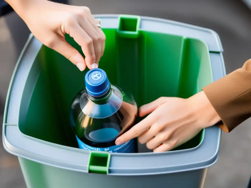 Una mano coloca una botella de plástico en un contenedor de reciclaje, destacando la importancia de incentivos económicos para reciclaje sostenible