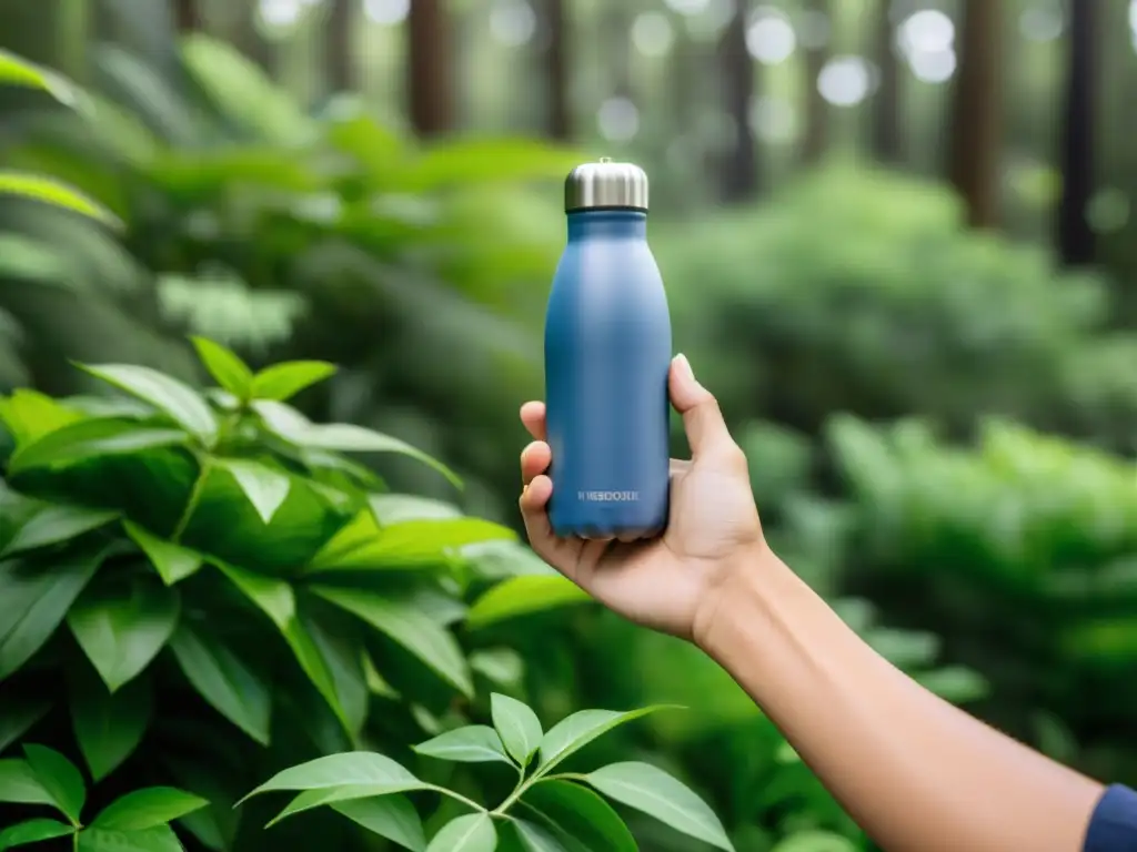 Mano sosteniendo botella reutilizable en entorno natural, destacando impacto ambiental positivo al reciclar