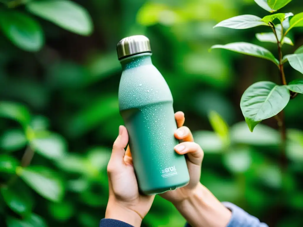 Mano sosteniendo botella reutilizable con gotas de agua, rodeada de vegetación vibrante