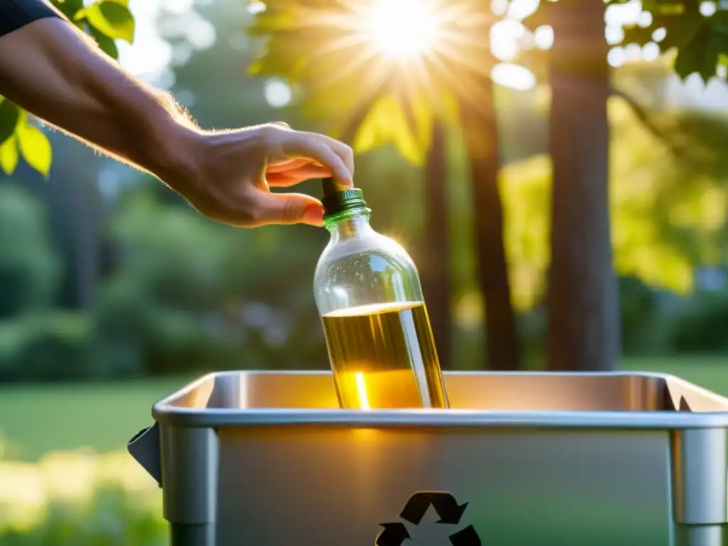 Una mano deposita una botella de vidrio en un contenedor de reciclaje, con luz dorada filtrándose entre los árboles