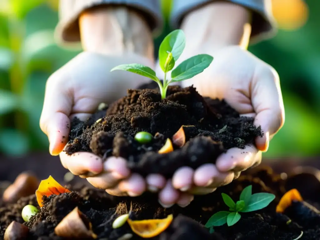 Una mano sostiene con cariño un pequeño montón de compost oscuro y rico, con texturas terrosas y restos de materia orgánica visible