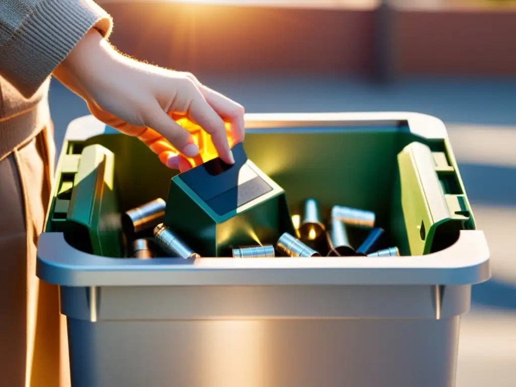 Mano depositando componente electrónico en el contenedor de reciclaje, con luz cálida