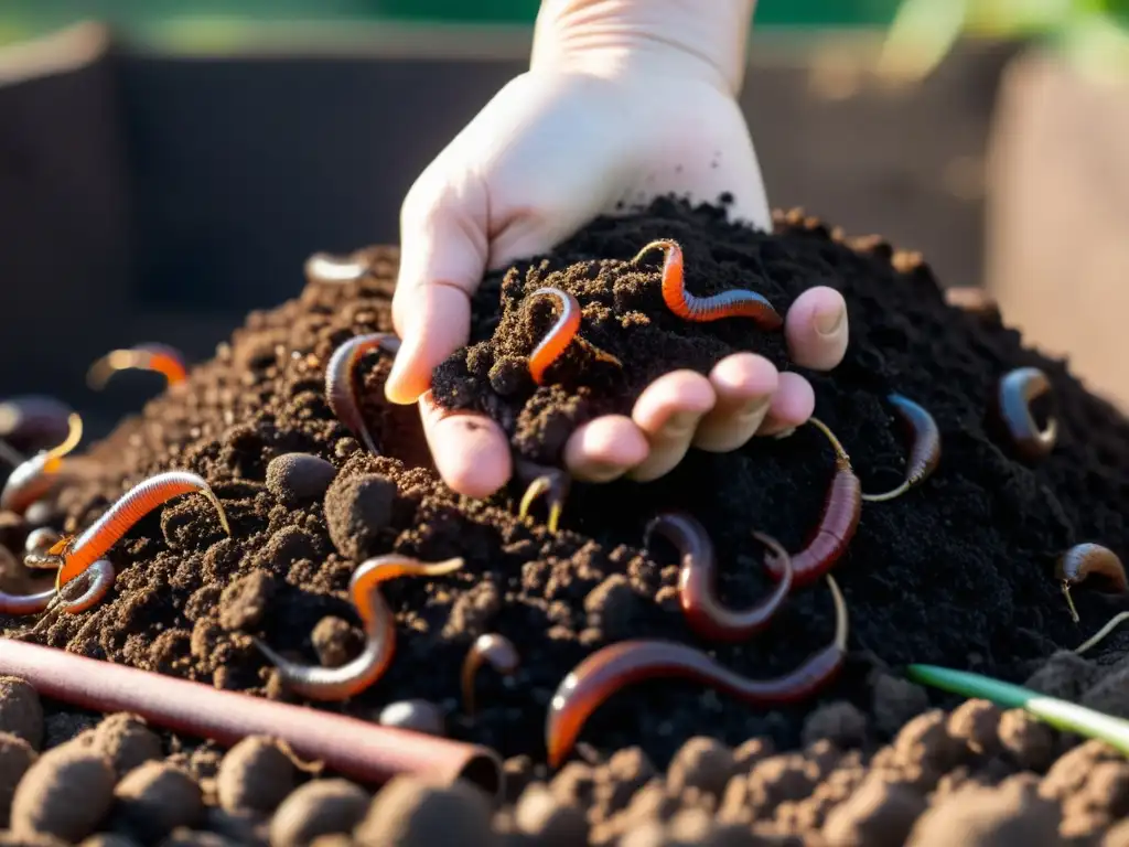 Mano girando compost orgánico rico con lombrices y textura detallada, enriqueciendo el suelo para semillas orgánicas en casa