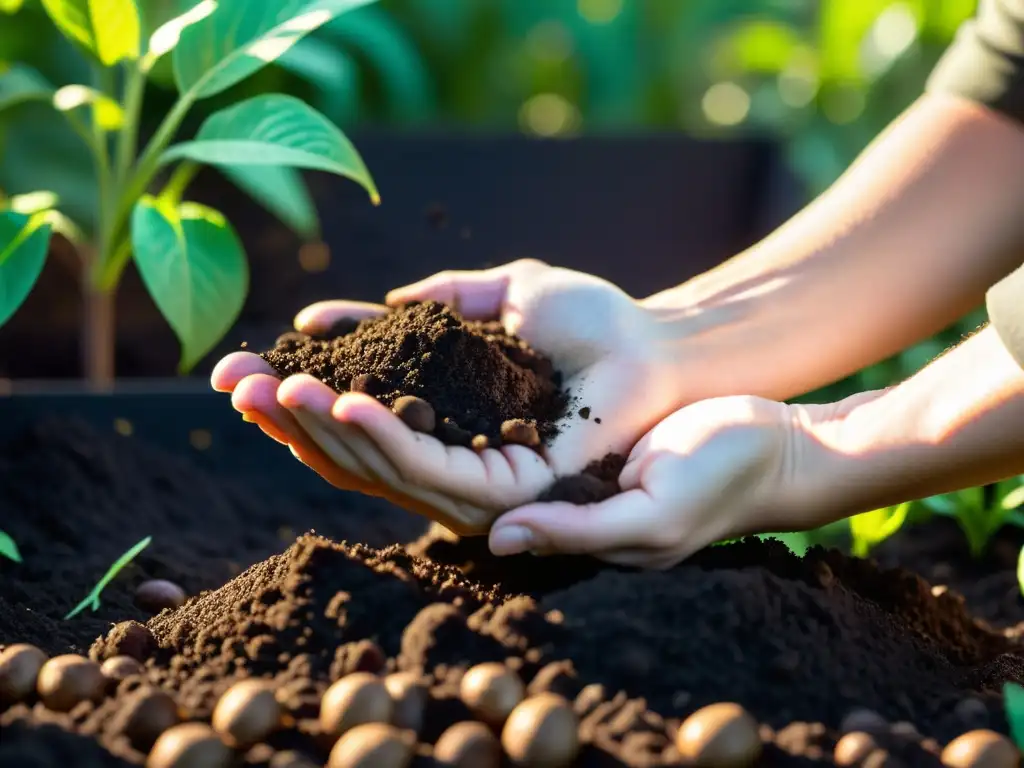 Mano mezclando compost orgánico en suelo fértil, equilibrando pH y nutriendo jardín vibrante