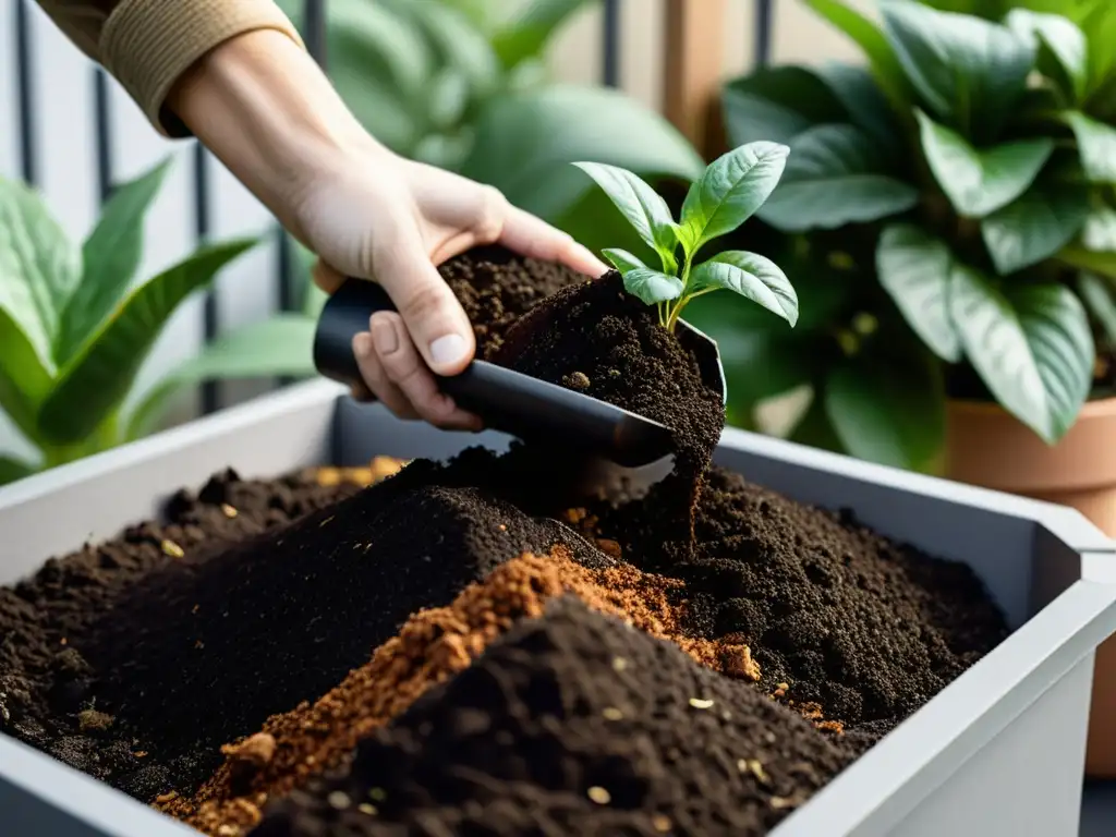 Mano girando compost en balcón, con tierra oscura y plantas alrededor, mostrando el proceso de compostaje en balcones y terrazas