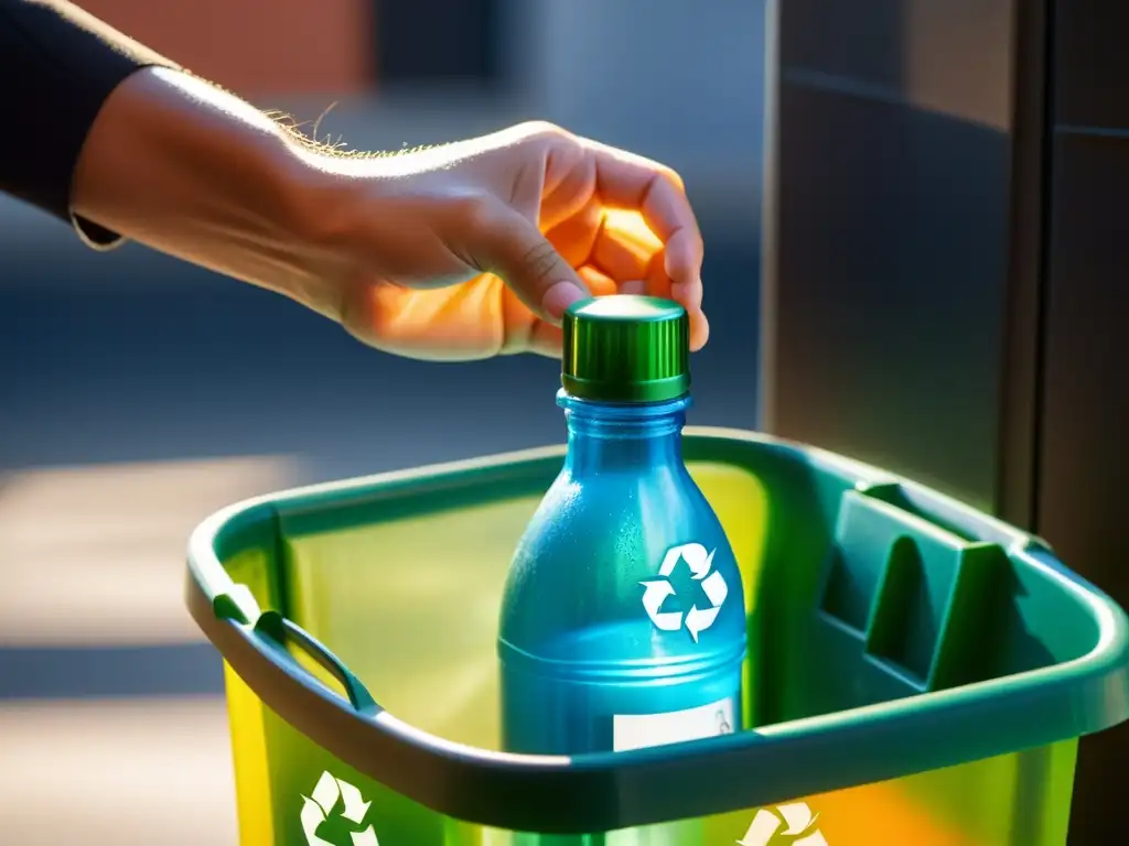 Una mano coloca con cuidado una botella de plástico en un contenedor de reciclaje, resaltando el símbolo de reciclaje