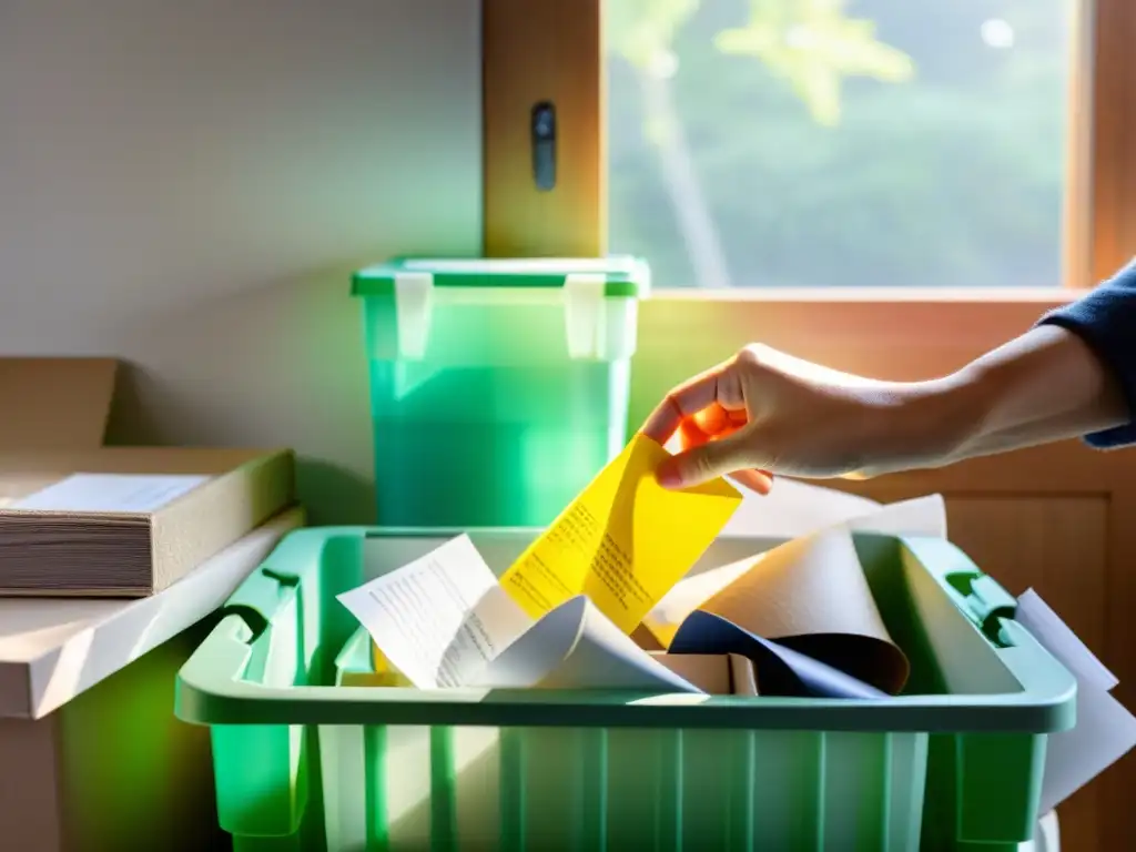 Una mano separa con cuidado materiales reciclables en contenedores, iluminada por la suave luz natural