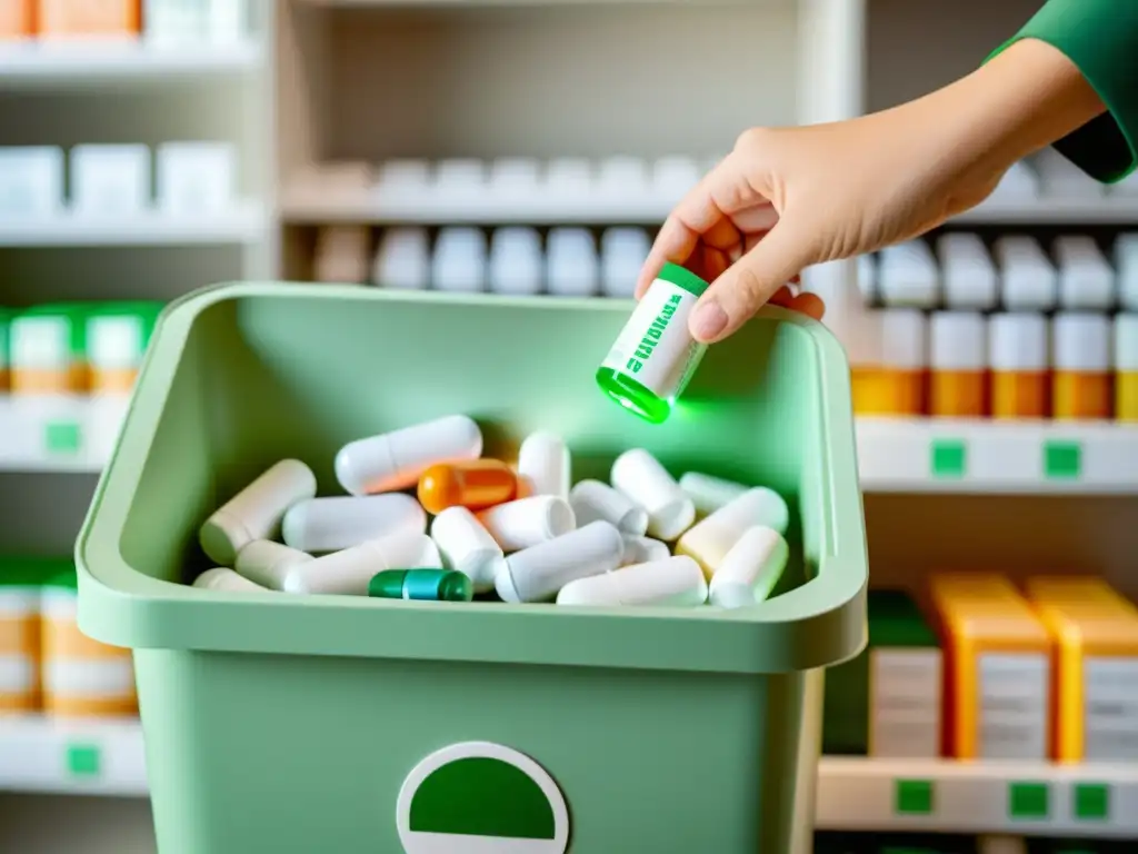 Una mano deposita con cuidado medicamentos caducados en un contenedor de eliminación segura de medicamentos, con un símbolo ecofriendly