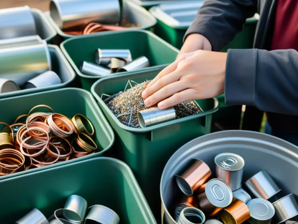 Mano separando con cuidado metales reciclables en casa, destacando la importancia del reciclaje de metales en casa con acciones precisas y meticulosas