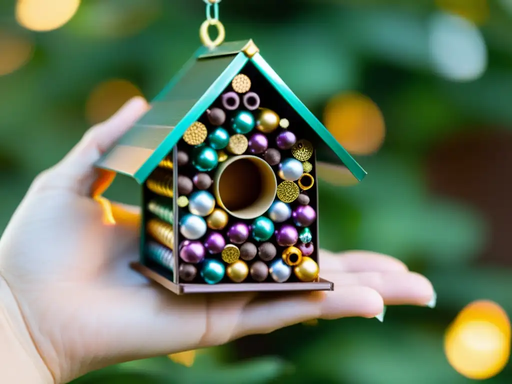 Una mano sostiene con cuidado una miniatura de casa para pájaros hecha con cápsulas de café recicladas, irradiando creatividad y artesanía