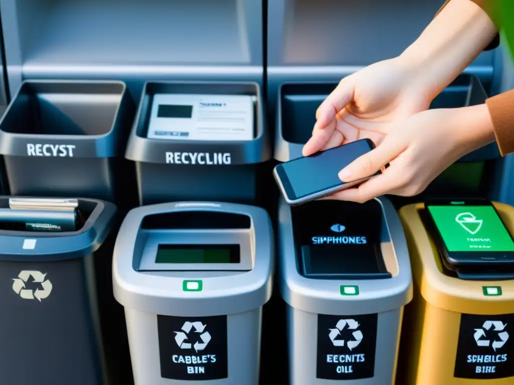 Una mano deposita dispositivos electrónicos en contenedores de reciclaje, mostrando responsabilidad y conciencia ambiental