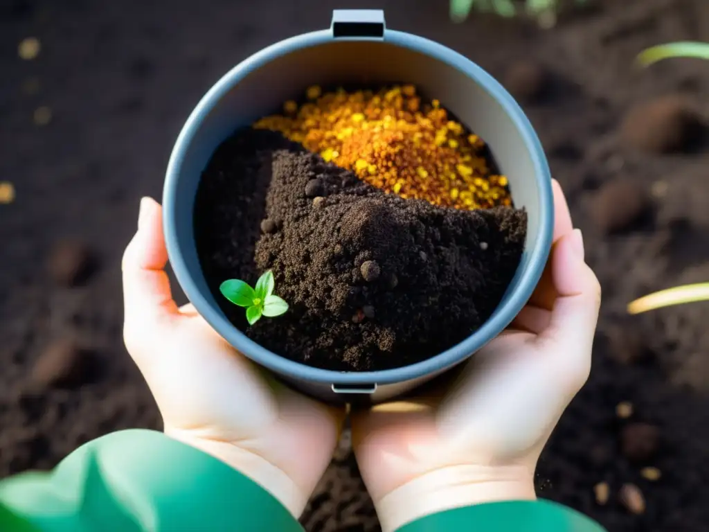 Una mano sostiene con elegancia un moderno compostador, destacando la belleza del proceso de compostaje