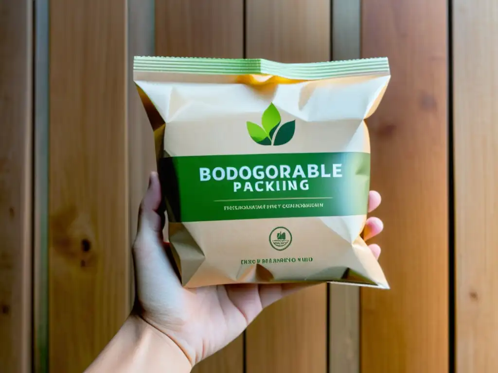 Mano sosteniendo envase biodegradable sobre madera, destacando sus beneficios de compostaje y ecoamigabilidad