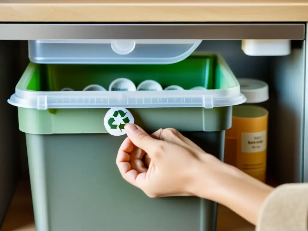 Mano depositando envase vacío en contenedor de reciclaje de medicamentos en casa, iluminación suave y ambiente responsable
