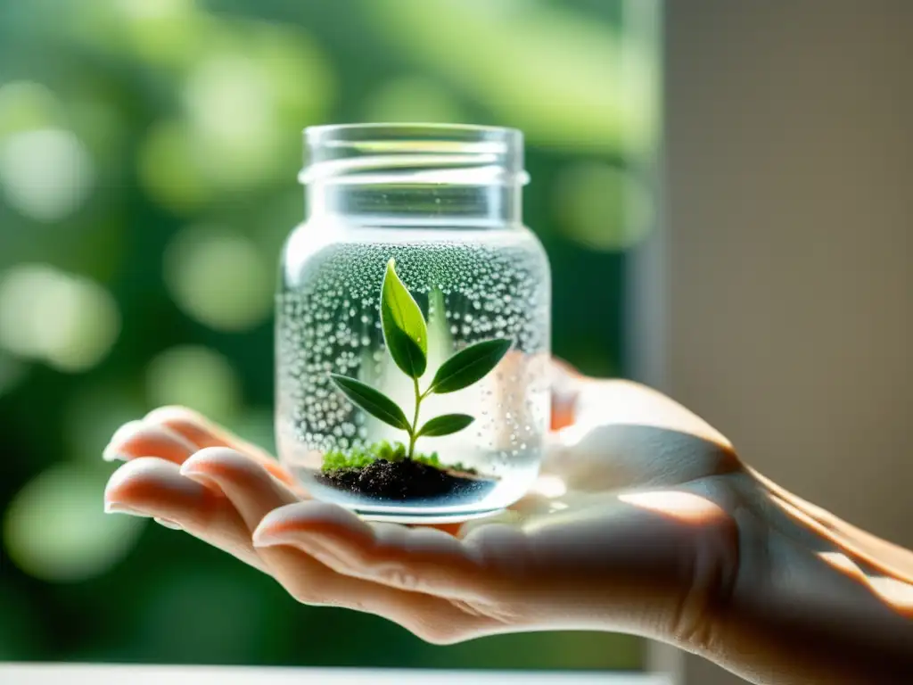 Mano colocando esqueje de planta en jarra con agua