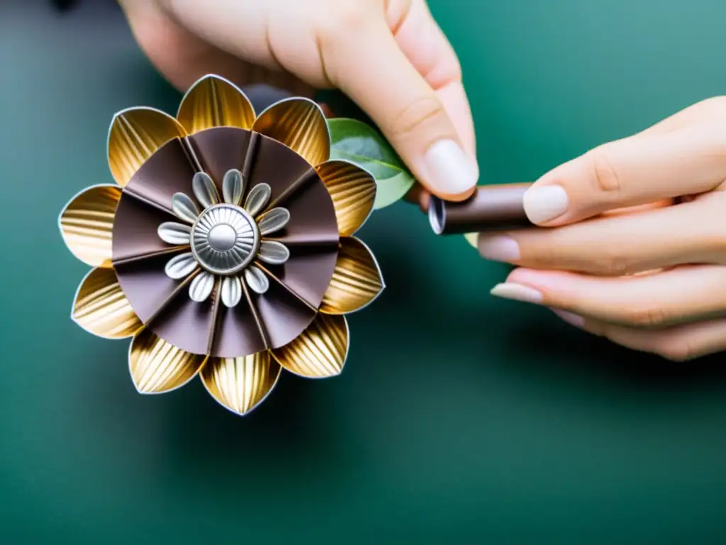 Mano sosteniendo flor decorativa hecha con cápsulas de café recicladas