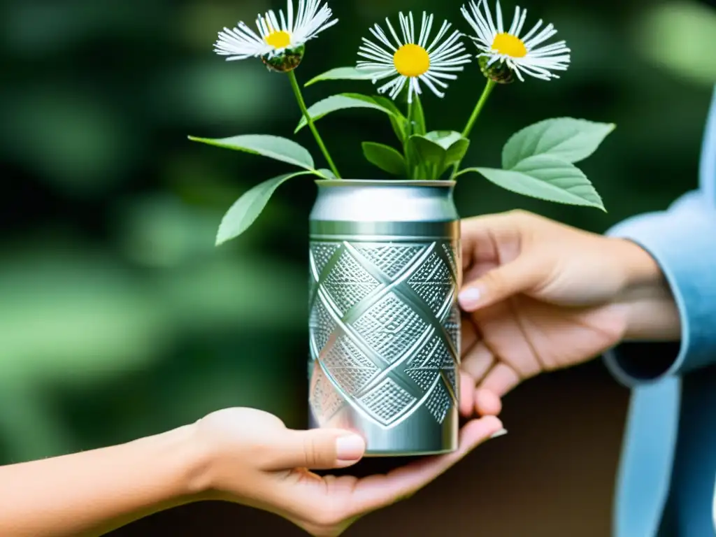 Una mano coloca flores en un jarrón de lata reciclada, resaltando la reutilización creativa de objetos decorativos