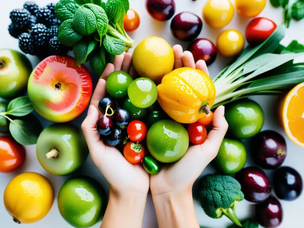 Mano sosteniendo frutas y verduras frescas con gotas de agua, resaltando la diversidad de productos sostenibles en el supermercado