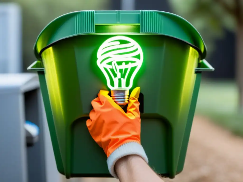 Mano con guante desechando bombilla fluorescente en contenedor de reciclaje, enfocando en responsabilidad ambiental