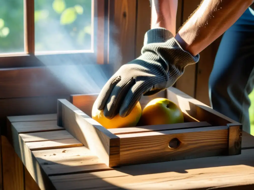 Mano con guante reutilizando caja de fruta, detallando la madera en tonos cálidos y ambiente creativo DIY