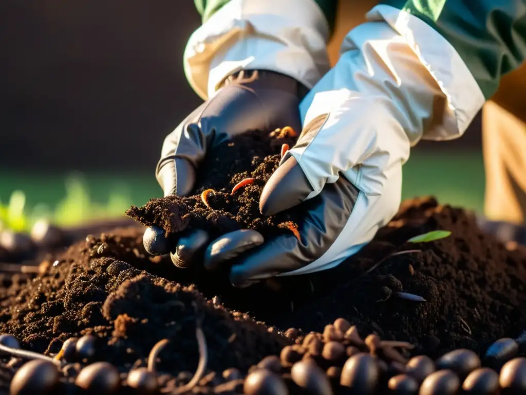 Mano con guante manipulando compost húmedo, con gusanos y vapor, en prácticas seguras control patógenos compostaje