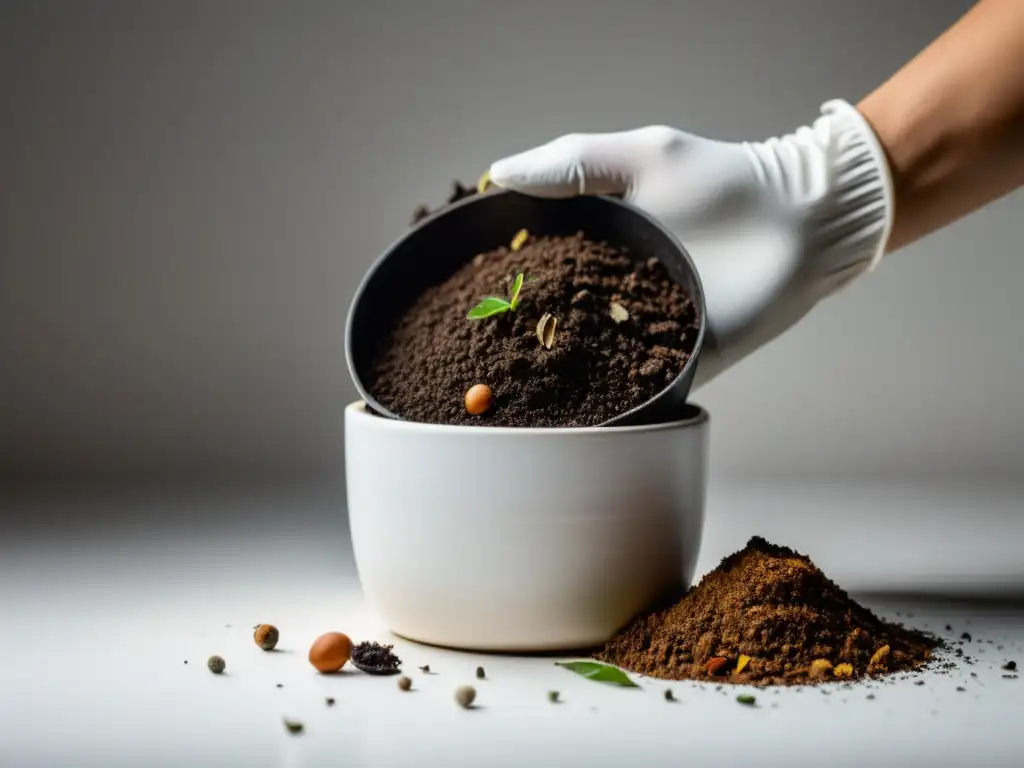 Mano con guante de jardinería coloca capas de compostaje en maceta