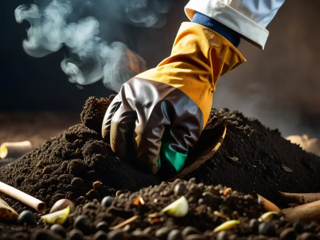 Mano en guante protector girando compost, vapor se eleva