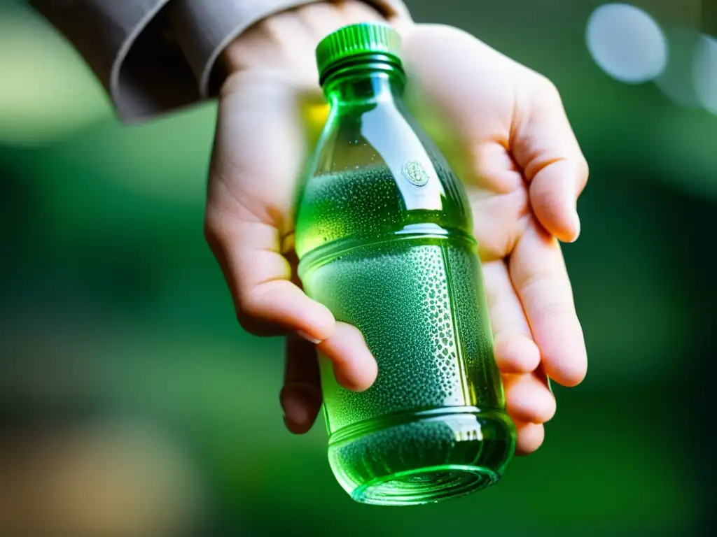 Mano limpia minuciosamente botella plástica bajo agua corriente, resaltando limpieza para reciclaje en el hogar