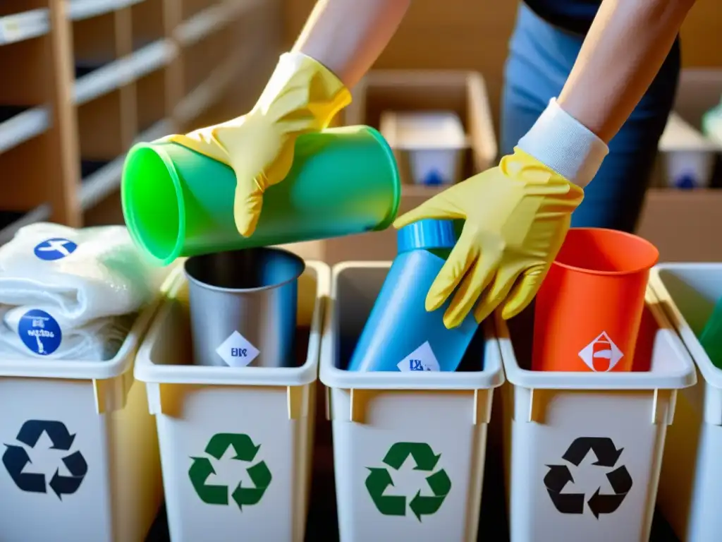 Mano separando materiales reciclables en contenedores etiquetados, destacando el impacto ambiental de la separación de residuos