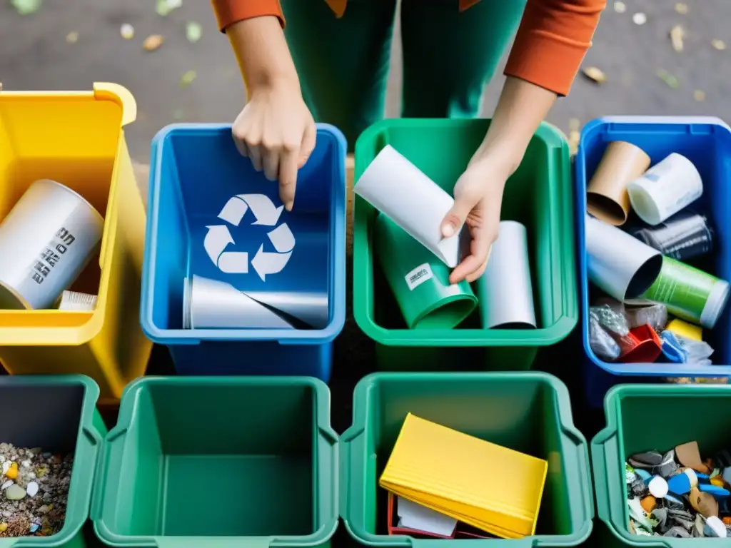 Mano separando materiales reciclables en contenedores etiquetados, mostrando la importancia de separación residuos reciclaje