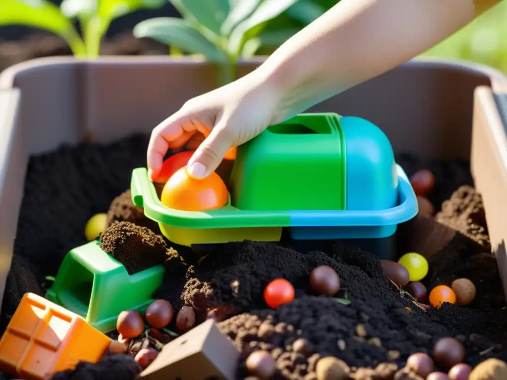 Mano de niño depositando juguete en compostaje, reciclaje de juguetes viejos en casa