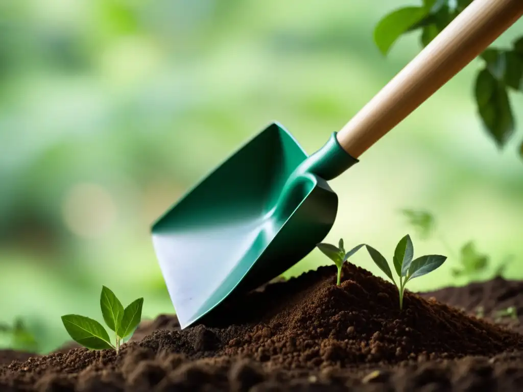 Detalles del eco-shovel biodegradable en alta resolución Mano sosteniendo pala biodegradable para huerto, resaltando la textura ecofriendly