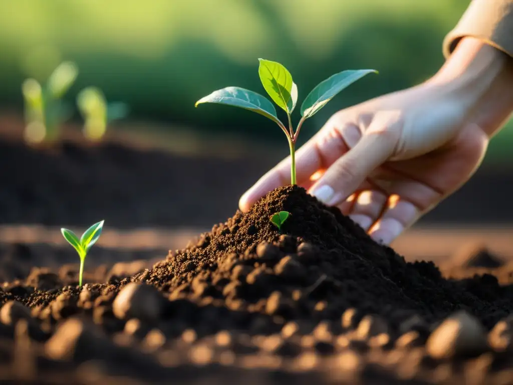 Mano plantando un pequeño árbol en tierra fértil