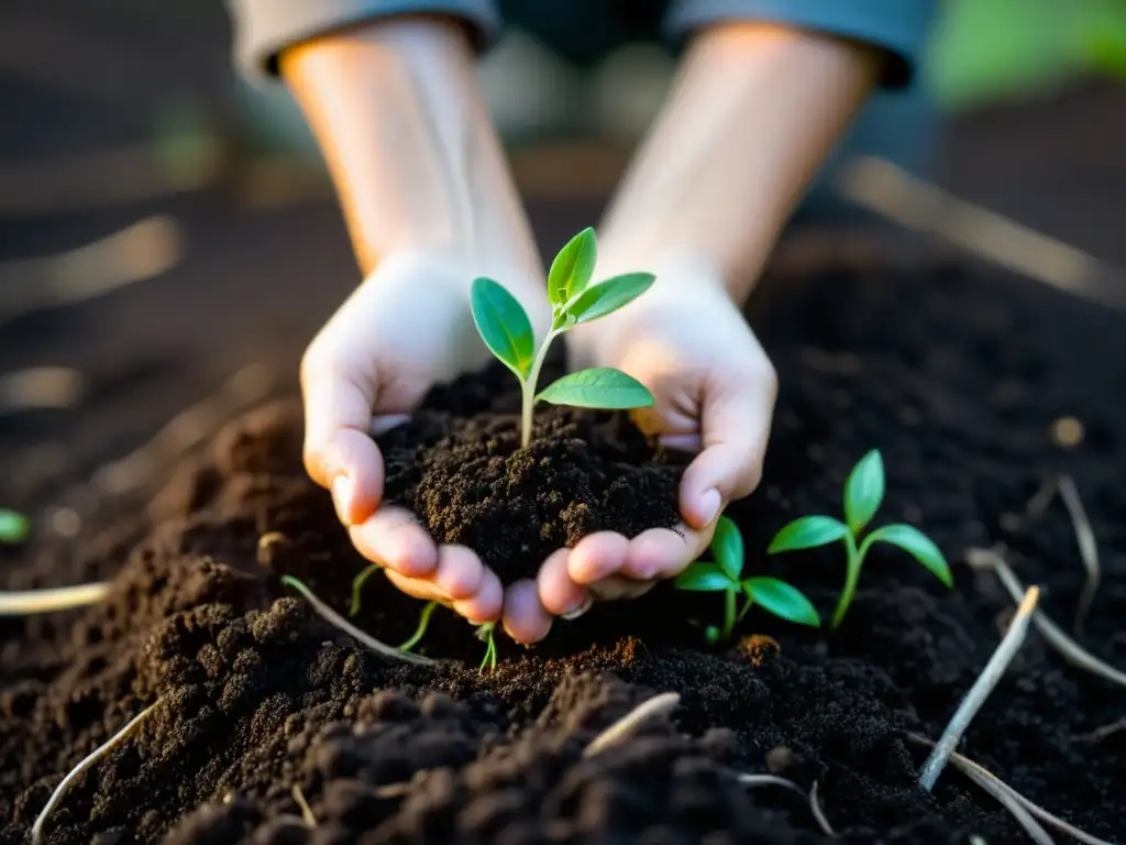 Mano sosteniendo planta en compostaje, reflejando crecimiento y sostenibilidad