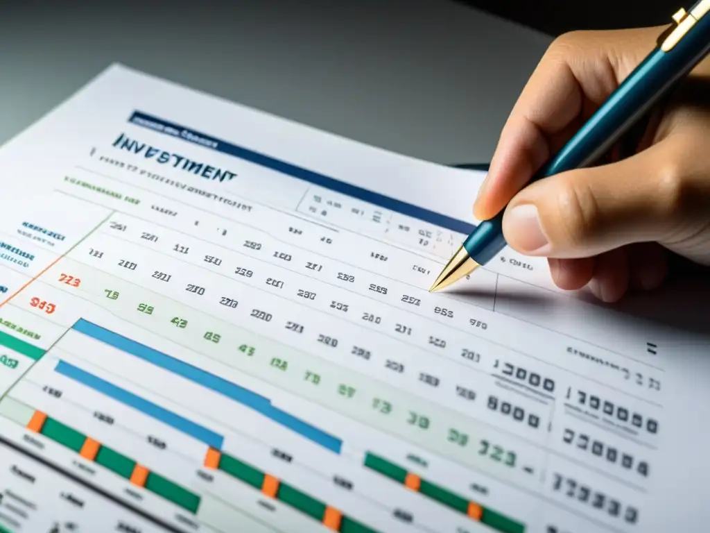 Una mano precisa llena meticulosamente un gráfico de inversión, transmitiendo planificación financiera