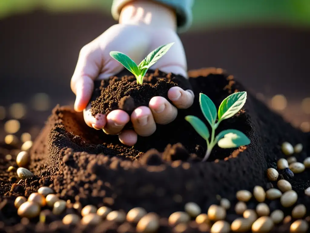 Mano plantando semilla orgánica en compostaje, transmitiendo tranquilidad y propósito