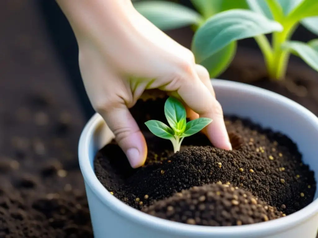 Mano colocando semillas orgánicas en compostaje para cultivar en casa, promoviendo la sostenibilidad y la vida nueva