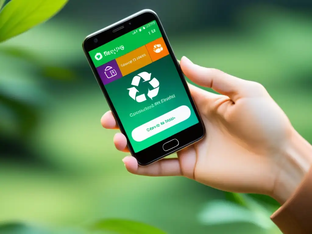 Una mano sostiene un smartphone con una app de reciclaje