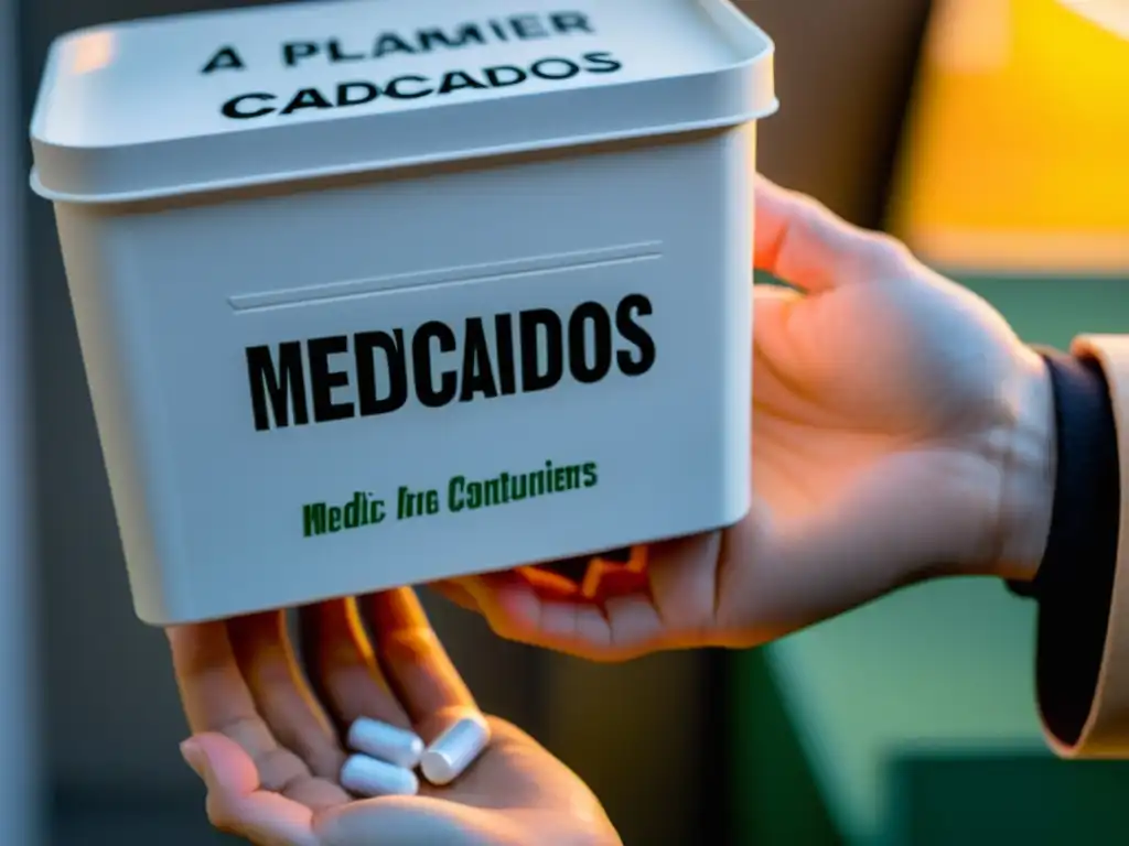 Mano suelta medicamentos caducados en contenedor moderno, promoviendo eliminación segura