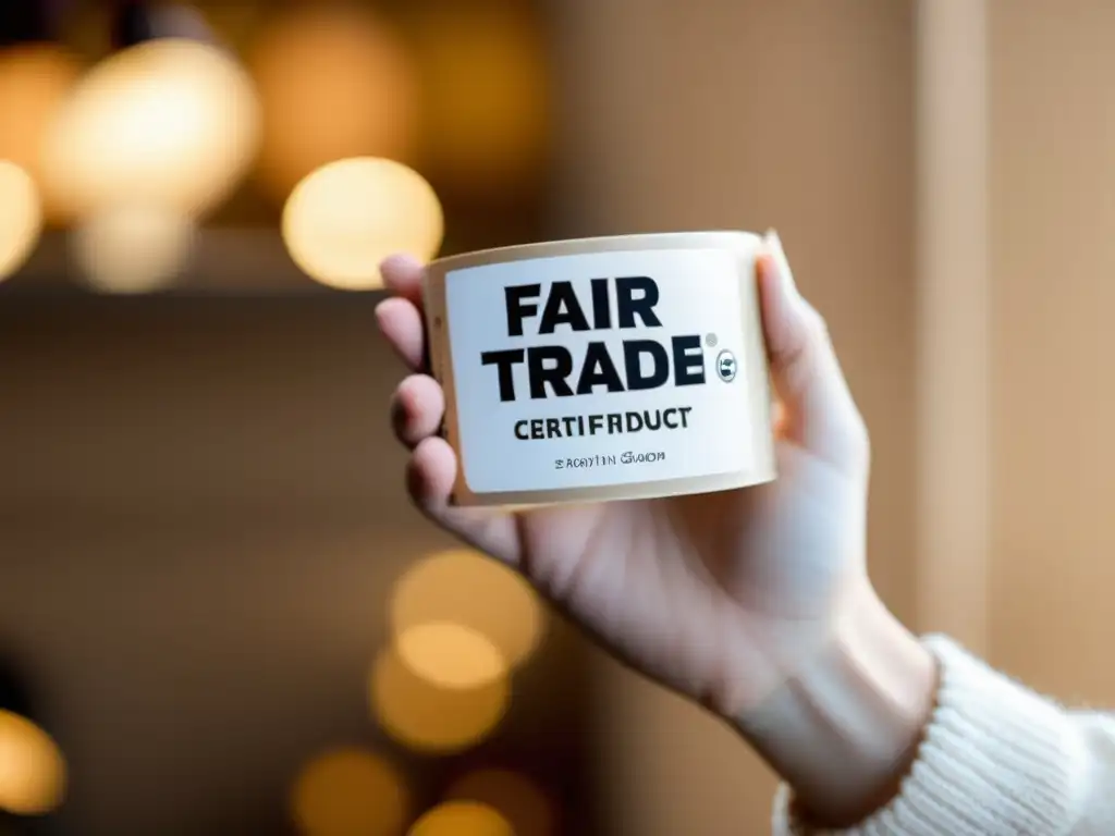 Una mano sujeta con delicadeza un producto certificado Fair Trade, transmitiendo calidez y la importancia de los certificados éticos en el consumo