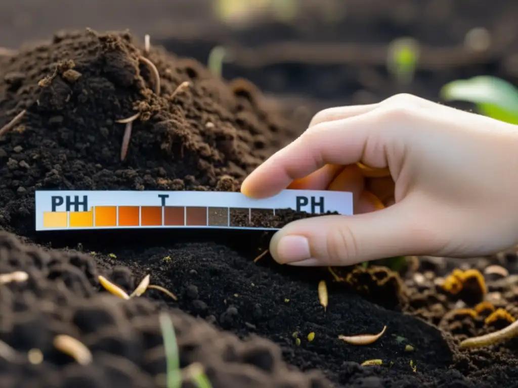 Mano sostiene tira de prueba de pH sobre compost oscuro