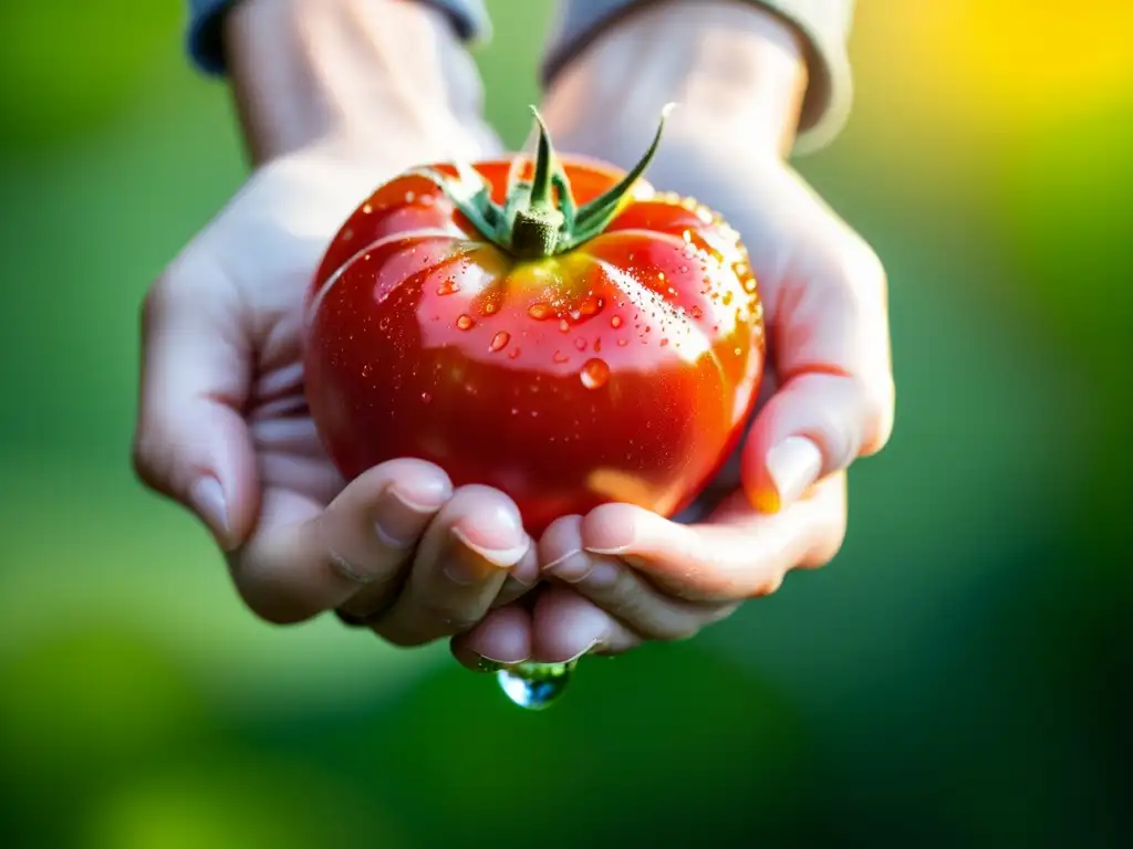 Mano sostiene tomate rojo brillante con gotas de agua