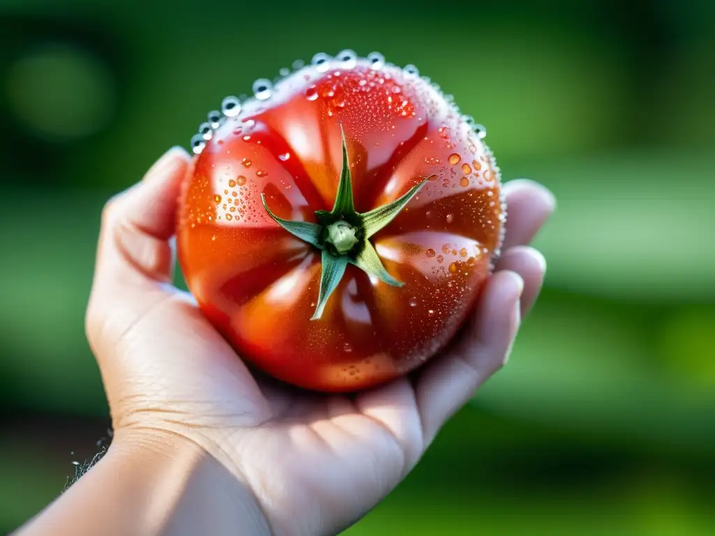 Mano sosteniendo tomate rojo maduro, con gotas de agua