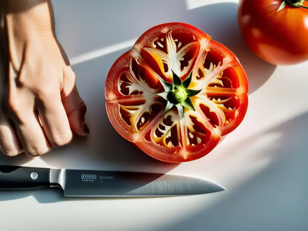 Mano cortando tomate rojo en tabla blanca