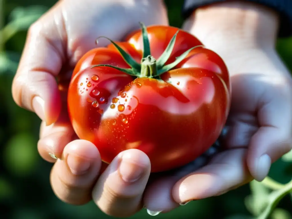 Una mano sostiene un tomate rojo vibrante y perfectamente maduro con gotas de agua